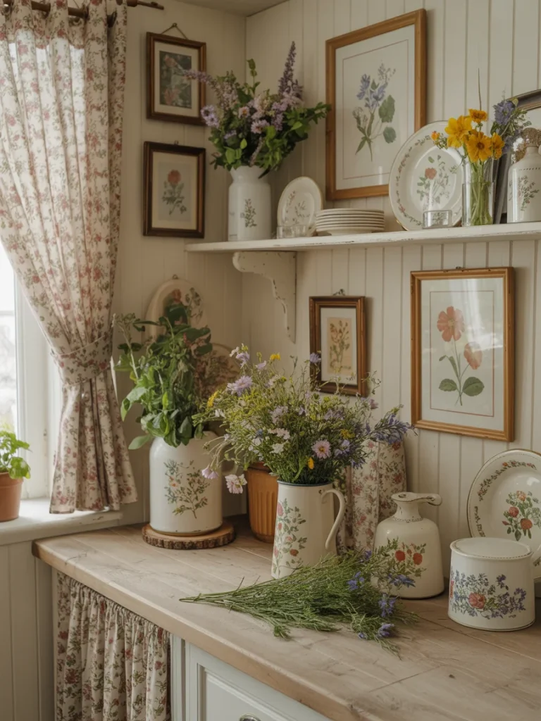 Cottagecore kitchen corner decorated with floral curtains, botanical prints, and vases of fresh wildflowers.