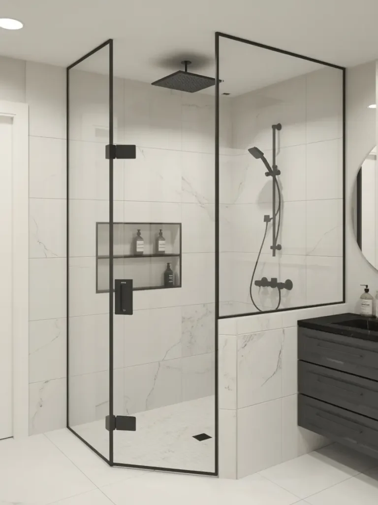 Frameless glass shower with black trim and modern rainfall showerhead in a sleek bathroom design.