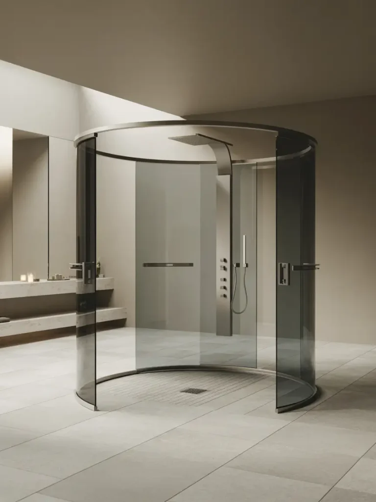 Freestanding modern circular glass shower enclosure with rainfall showerhead in a minimalist bathroom with neutral tones.