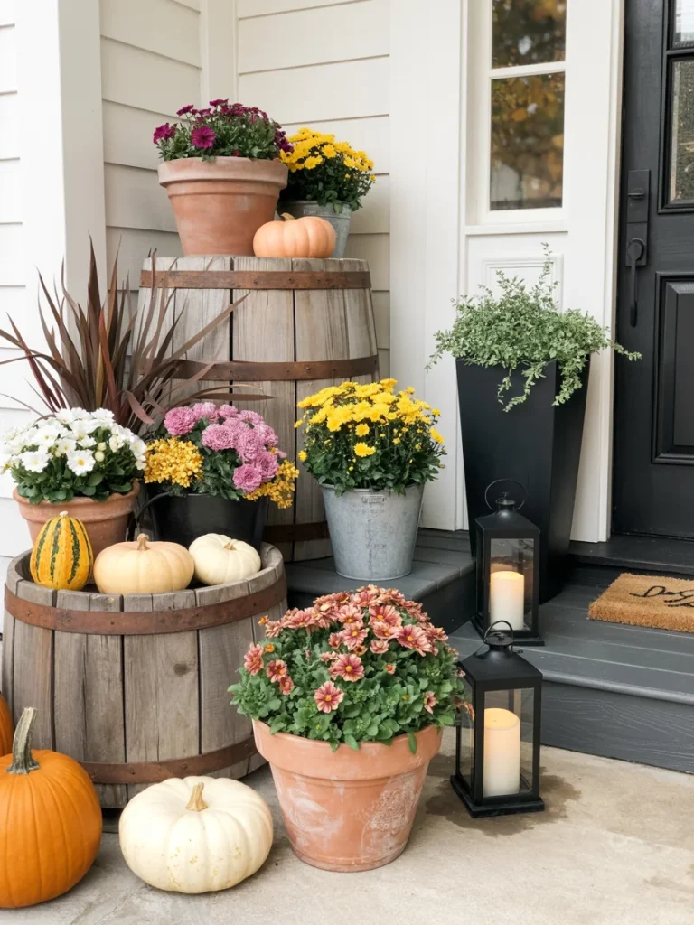 Fall front porch decorated with colorful mums in planters, pumpkins, and rustic wooden barrels for a seasonal touch.