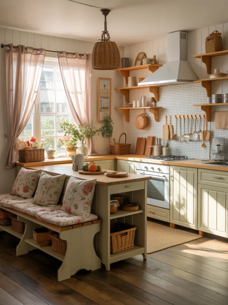 Cottagecore kitchen with open shelving, floral cushion seating, and a functional island table.