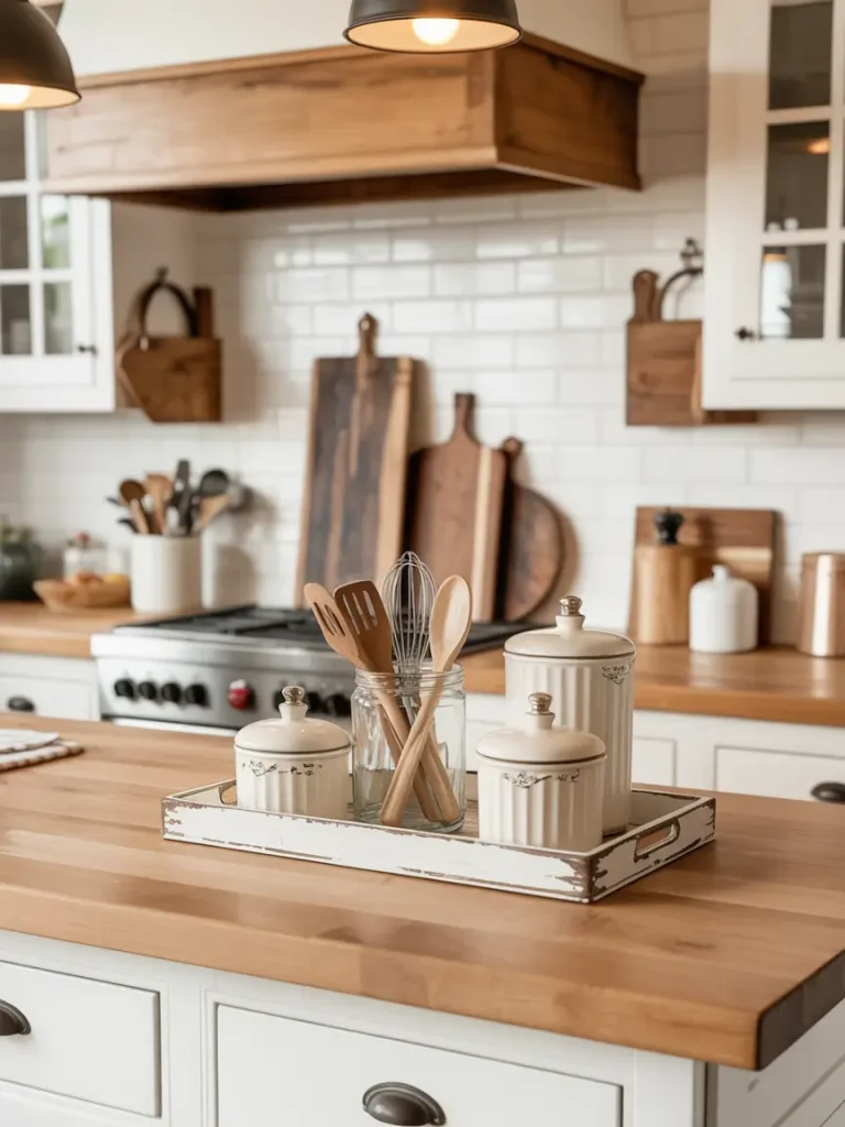 Farmhouse kitchen island decorated with a rustic tray holding ceramic jars and wooden utensils.