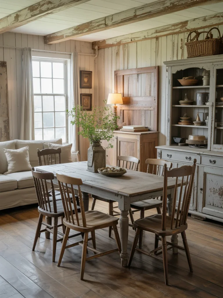 Rustic country cottage dining area with vintage wooden furniture and farmhouse charm.