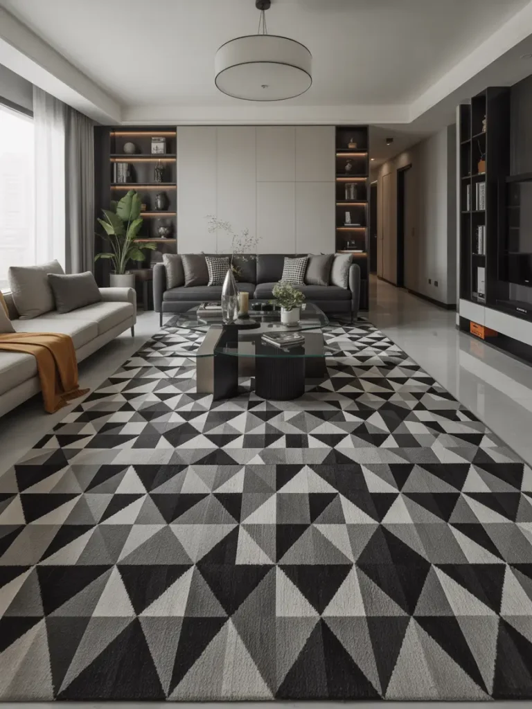 Geometric patterned carpet in a modern living room