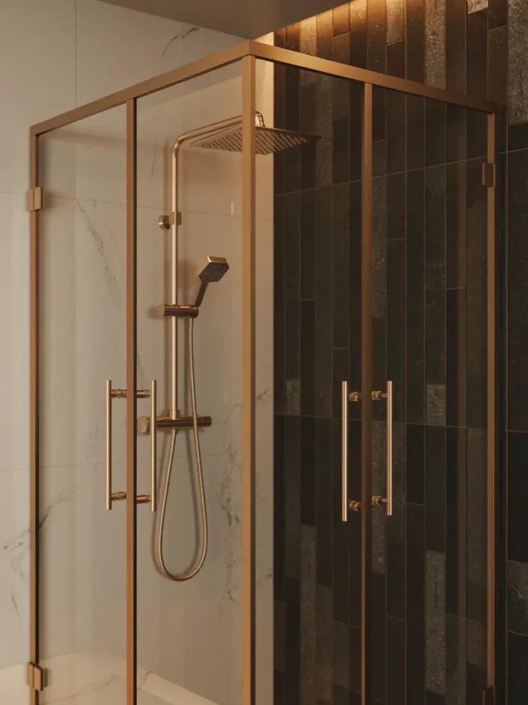 Modern shower with gold and brass accents featuring a glass enclosure, rainfall showerhead, and dark tiled wall.