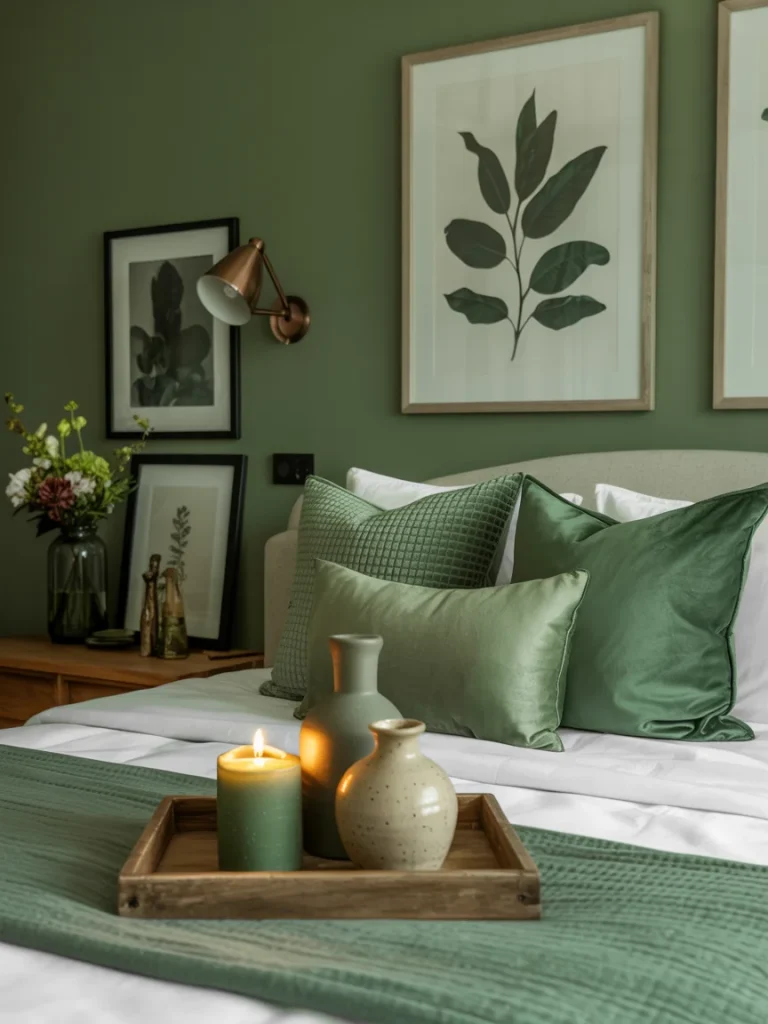 Green bedroom with decorative pillows, wall art, and candles on a wooden tray.