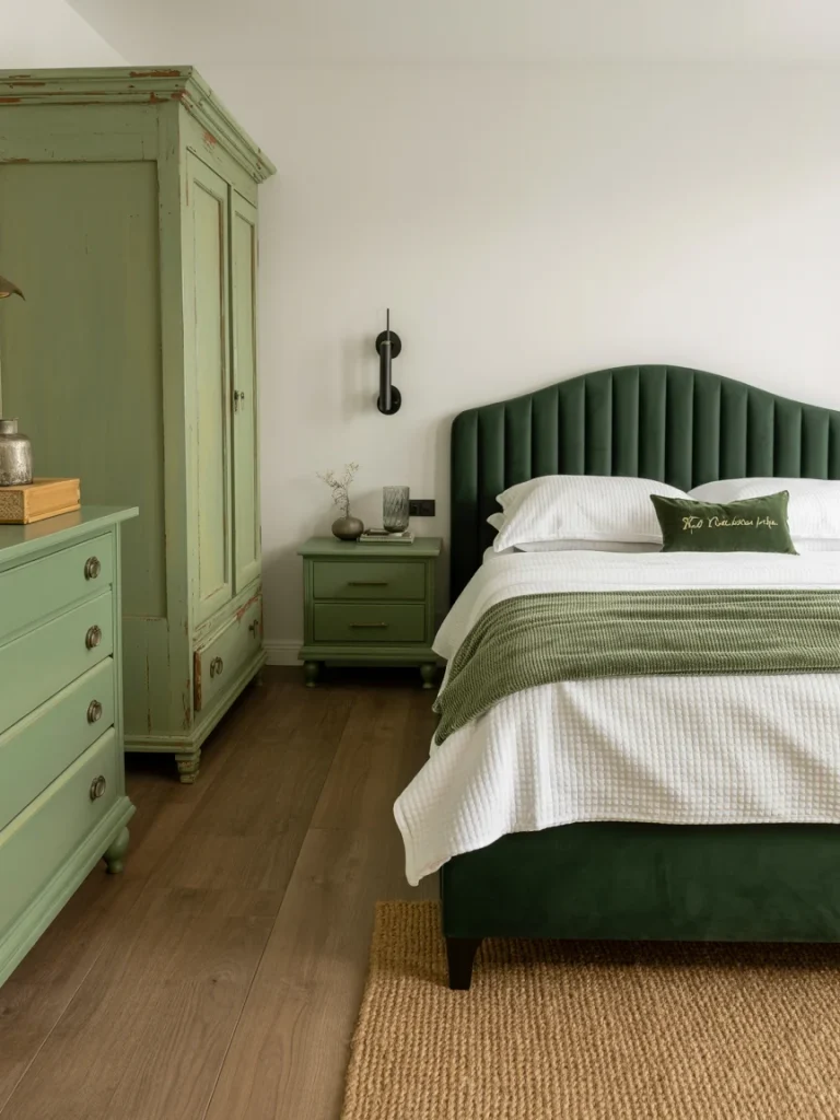 Bedroom with vintage green furniture and upholstered green bed frame.
