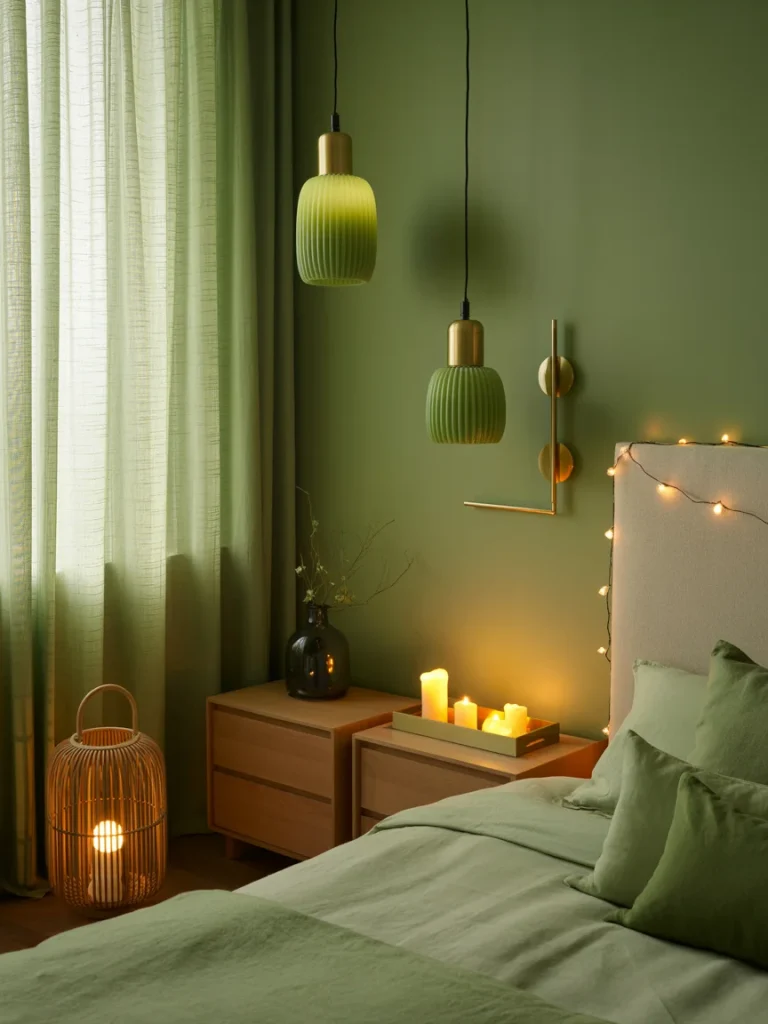 Cozy green bedroom with soft lighting, candles, and pendant lamps.
