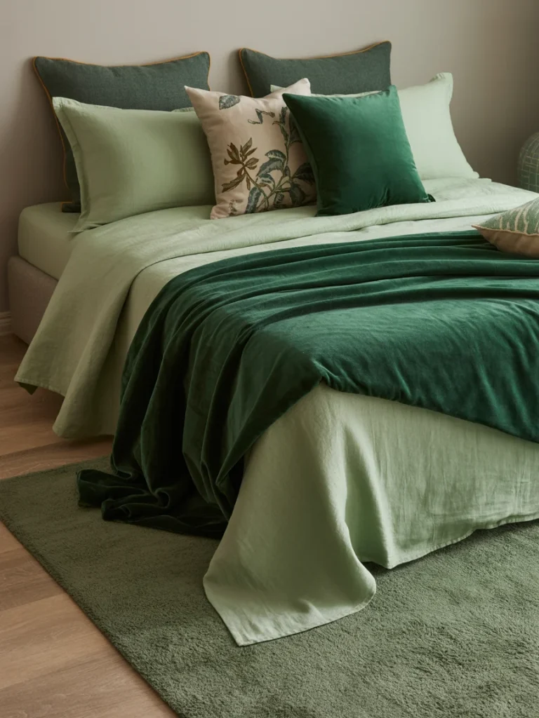 Green bedroom with layered textiles, velvet blanket, and decorative pillows.