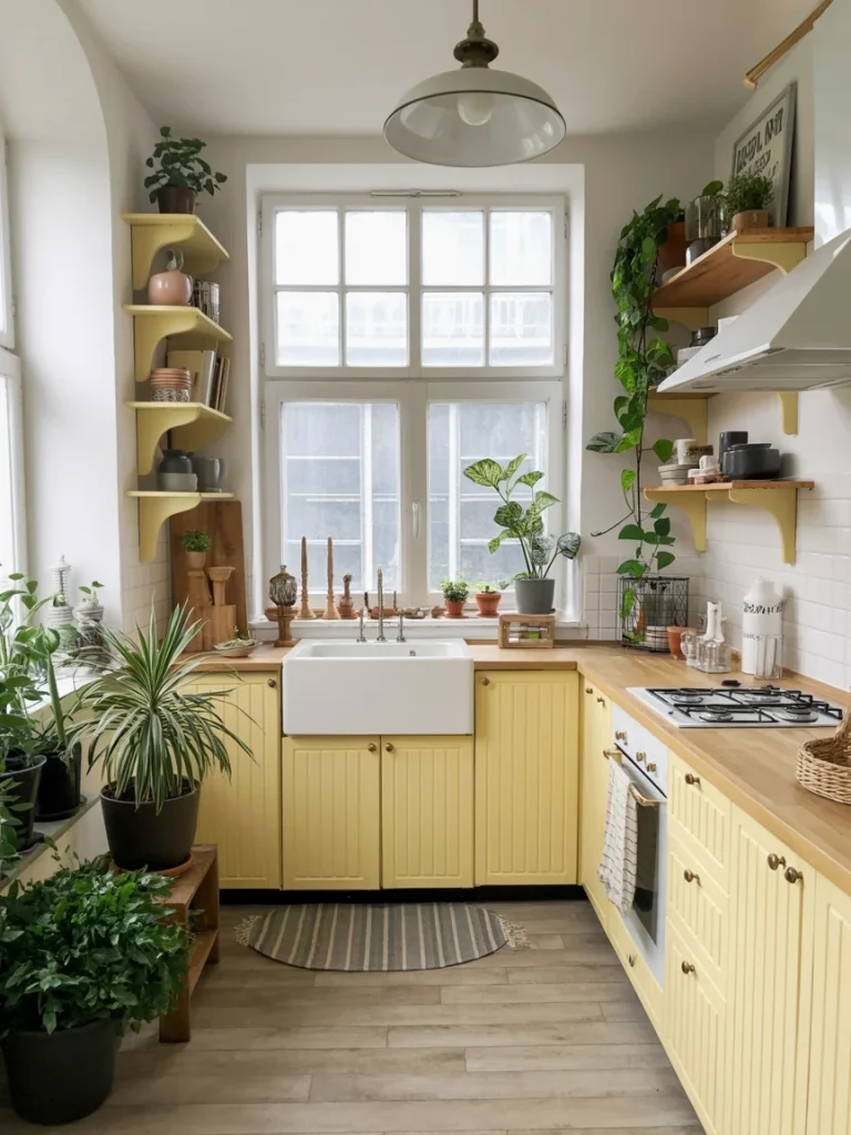 Bright cottagecore kitchen with yellow cabinets, farmhouse sink, and lush indoor plants by the window.