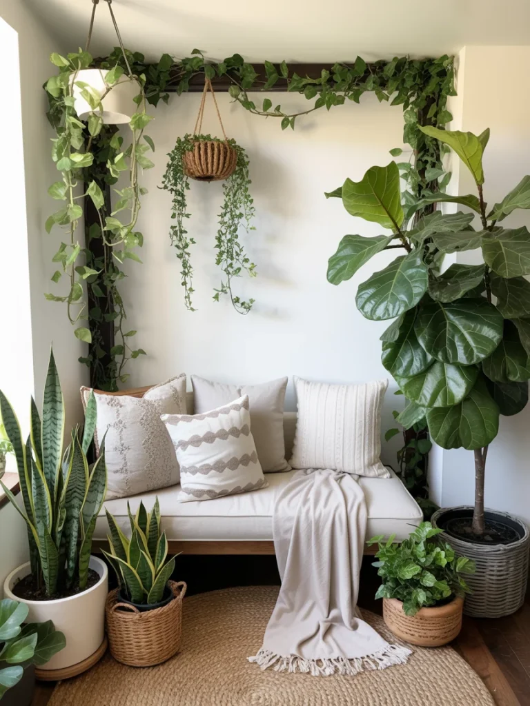 Living room nook decorated with lush greenery, potted plants, and cozy neutral cushions.