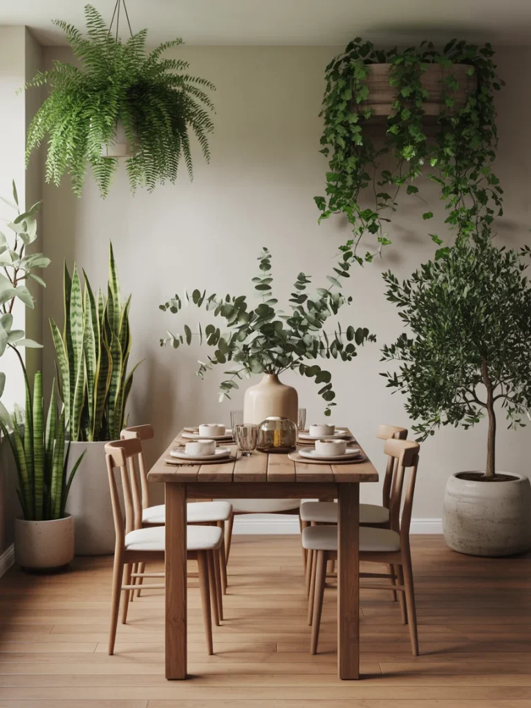 Earthy dining room with wooden table, natural décor, and lush greenery.