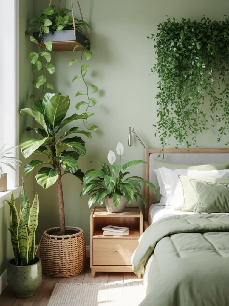 Green bedroom with houseplants, natural wood furniture, and soft green bedding.