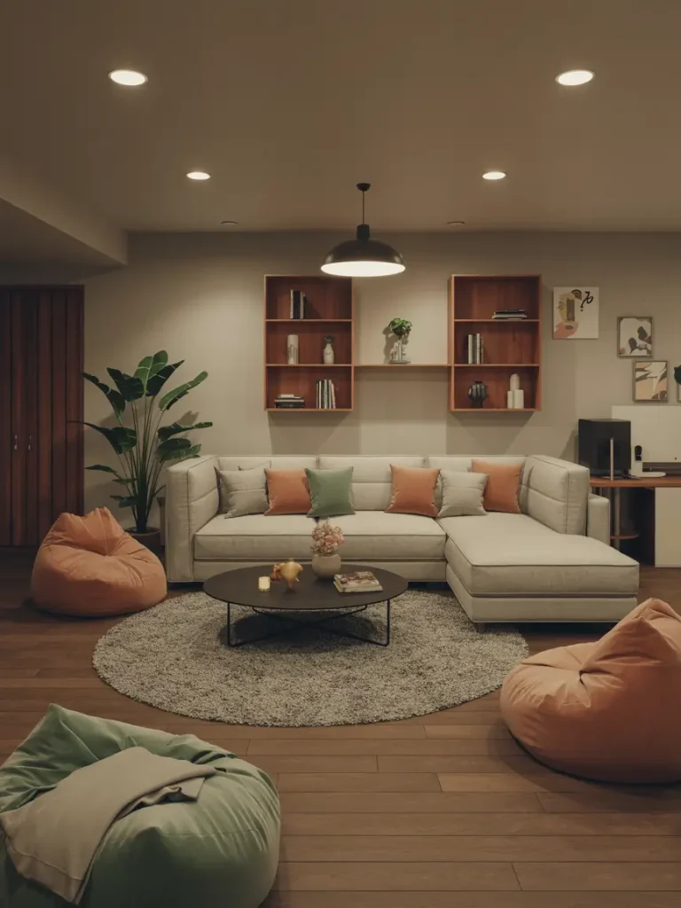 A stylish basement lounge designed as a teen hangout space, featuring a cozy sectional sofa with colorful throw pillows, bean bag chairs, a round shag rug, and modern shelving with decor accents.