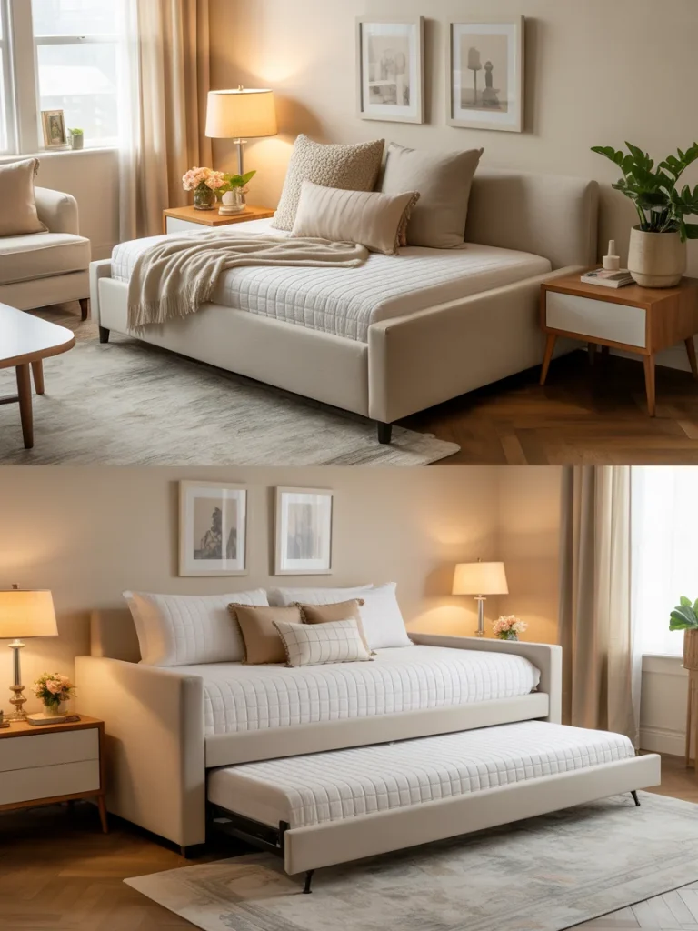Modern guest room with upholstered daybed and pull-out trundle bed.