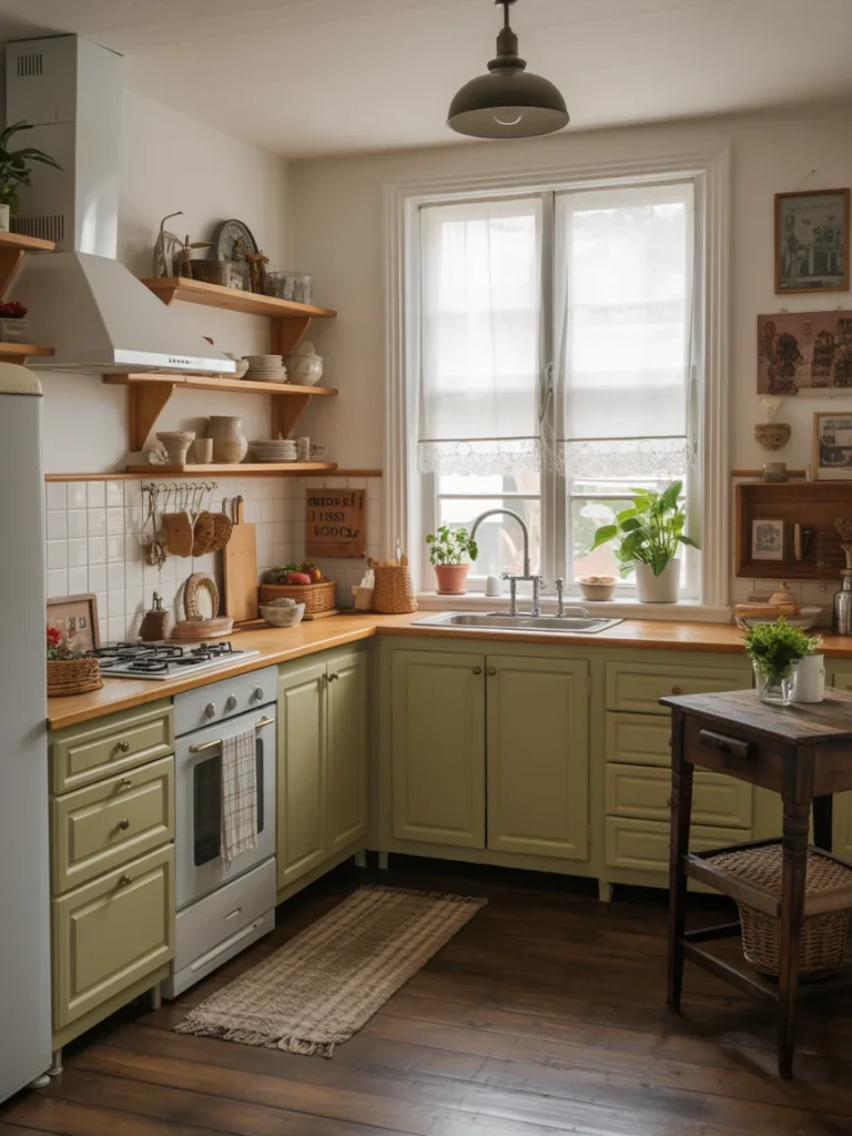 Cozy cottagecore kitchen with handcrafted wooden shelves, green cabinets, and handmade décor accents.