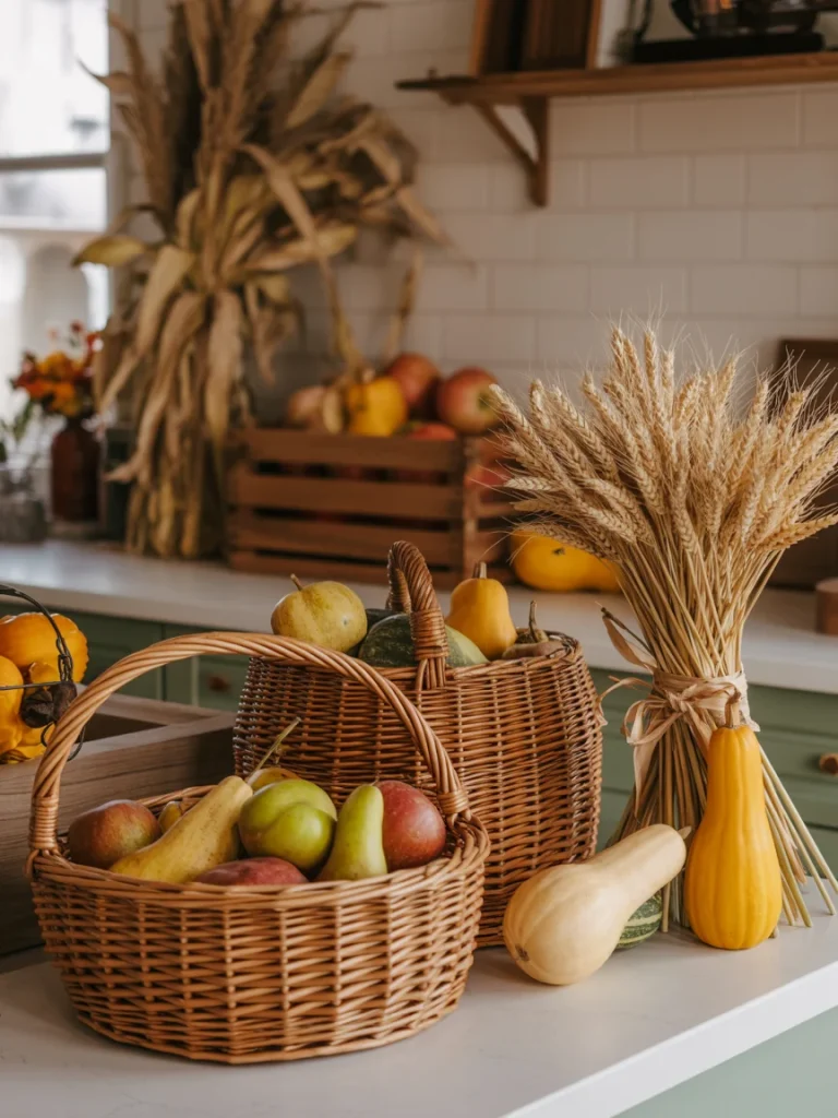 Harvest-inspired kitchen decor with baskets of fresh fruit, gourds, and wheat stalks on a countertop.