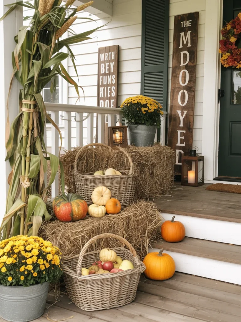 Front porch decorated with hay bales, pumpkins, baskets of apples and gourds, potted mums, and rustic wooden signs for a harvest-inspired look.