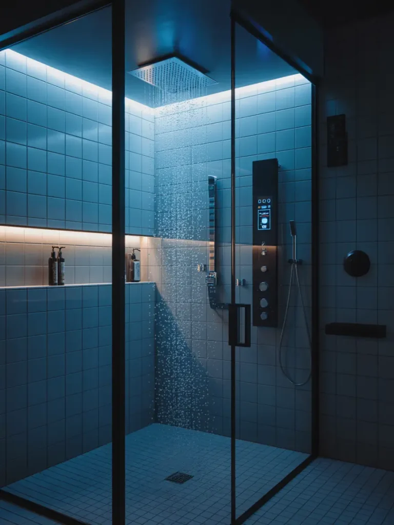 High-tech smart shower with modern digital controls, rainfall showerhead, and blue LED lighting in a glass-enclosed bathroom.