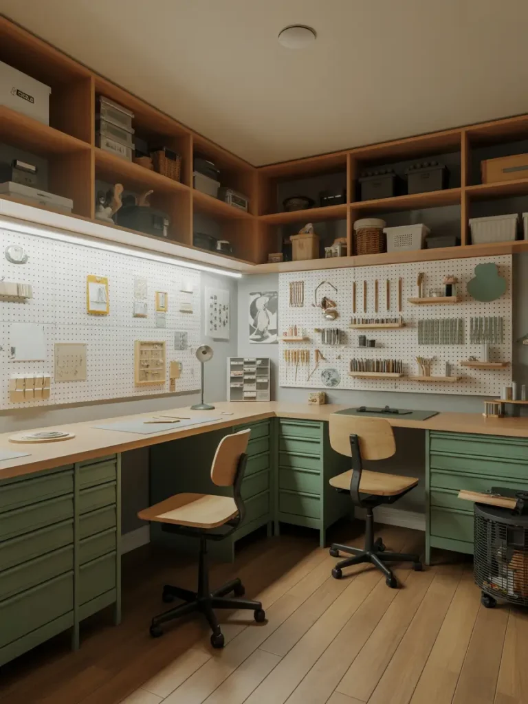 Modern basement hobby and craft room with built-in pegboard walls, wooden shelves, organized storage bins, and dual workstations with chairs for crafting.