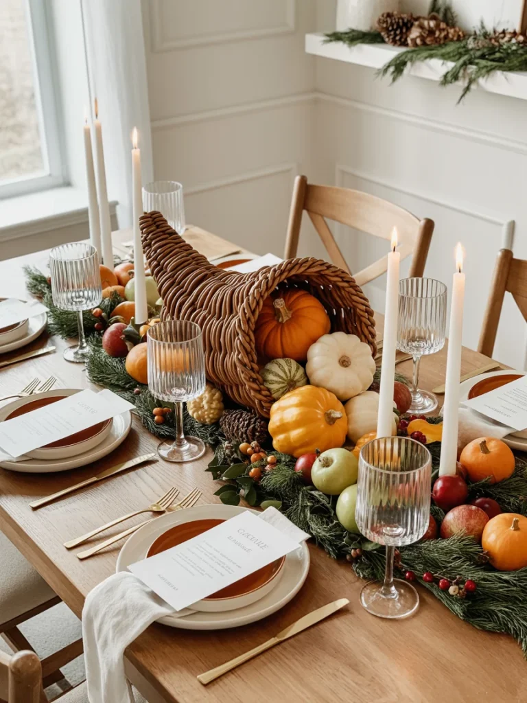 Holiday-themed fall dining room table with a cornucopia centerpiece, pumpkins, apples, and candles.
