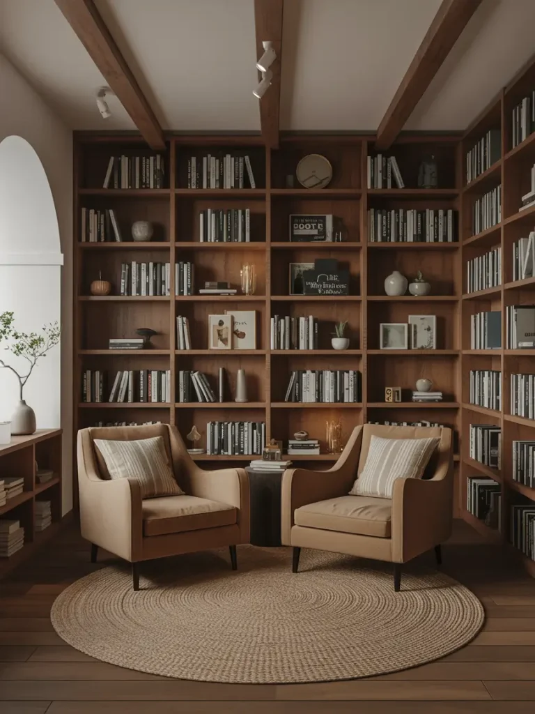 Cozy home library with built-in wooden bookshelves, two armchairs, and a round woven rug creating a peaceful reading retreat.