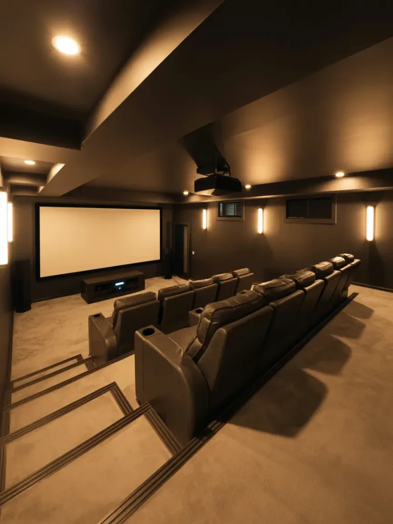 Home theater style basement with tiered recliner seating and large projector screen.