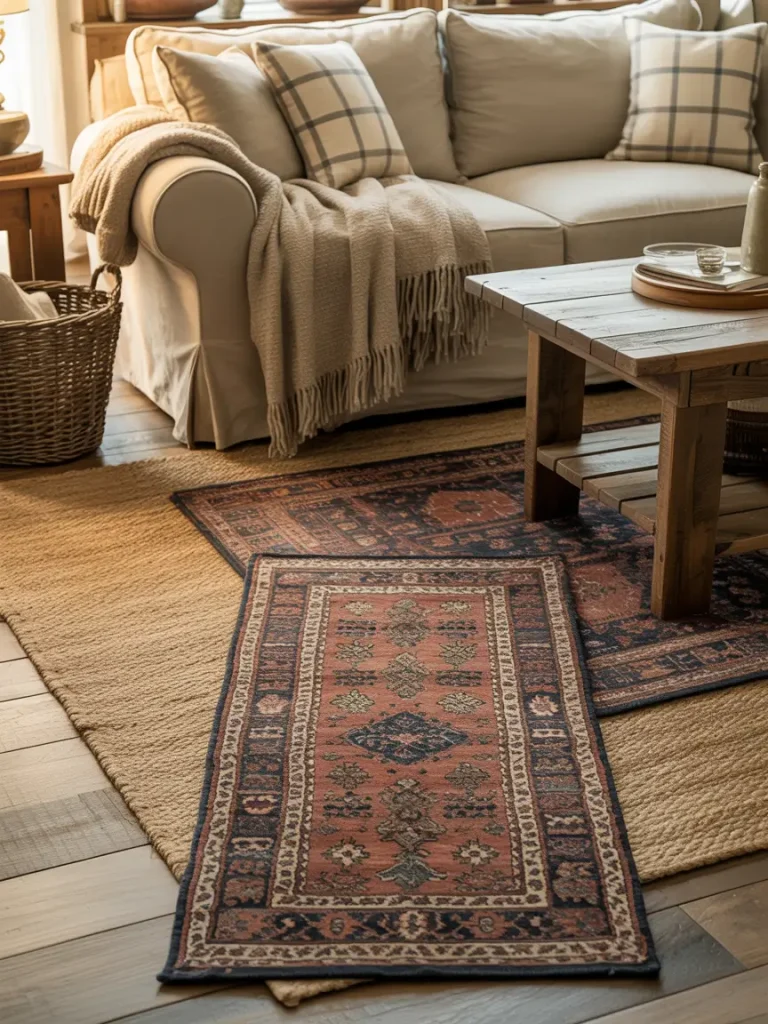 Farmhouse living room with layered rugs, neutral sofa, and rustic wood coffee table.