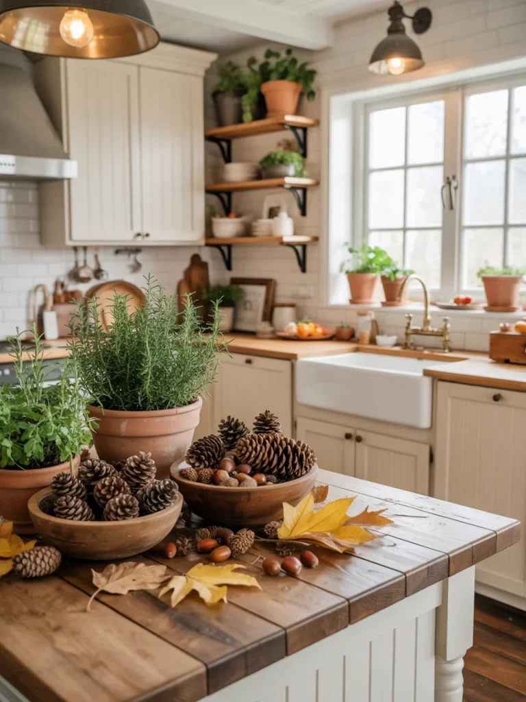 Fall kitchen decor with pinecones, acorns, herbs in terracotta pots, and autumn leaves on a wooden island.