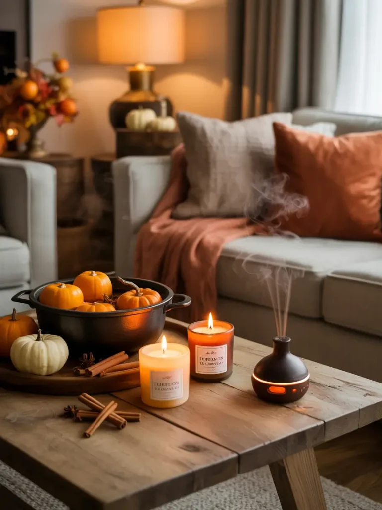 Warm fall living room with cozy neutral sofas, orange pillows, and a rustic wooden coffee table styled with pumpkins, candles, and an essential oil diffuser.