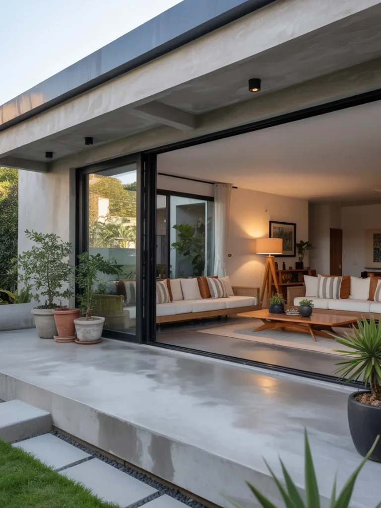 Modern home with sliding glass doors opening to a sleek concrete patio and greenery.