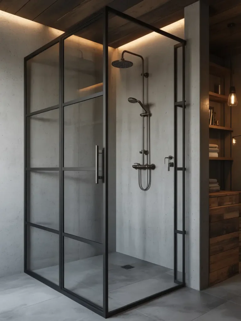 Industrial modern shower with black metal frame enclosure, rainfall showerhead, and gray concrete walls.