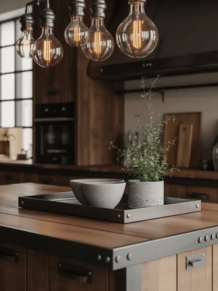 Industrial kitchen island with a wooden and metal finish, decorated with a concrete tray holding a potted plant and a ceramic bowl under exposed bulb lighting.