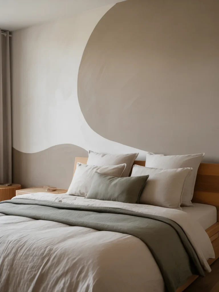 Japandi bedroom with neutral beige wall mural, minimalist wooden bed, and layered green and white bedding.