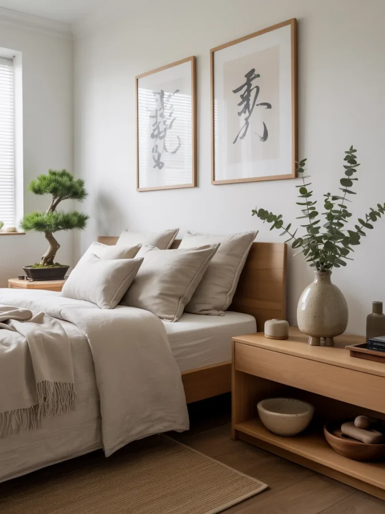 Japandi bedroom with minimalist decor, bonsai tree, and natural wood furniture.
