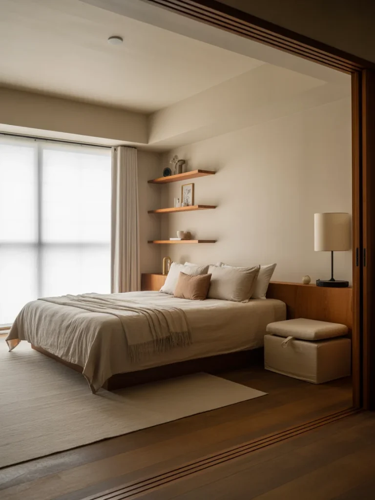 Japandi bedroom with minimalist layout, neutral bedding, and floating wood shelves.