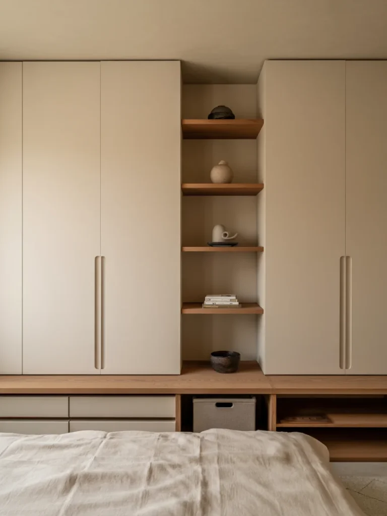 Japandi bedroom with built-in storage cabinets and open shelving.