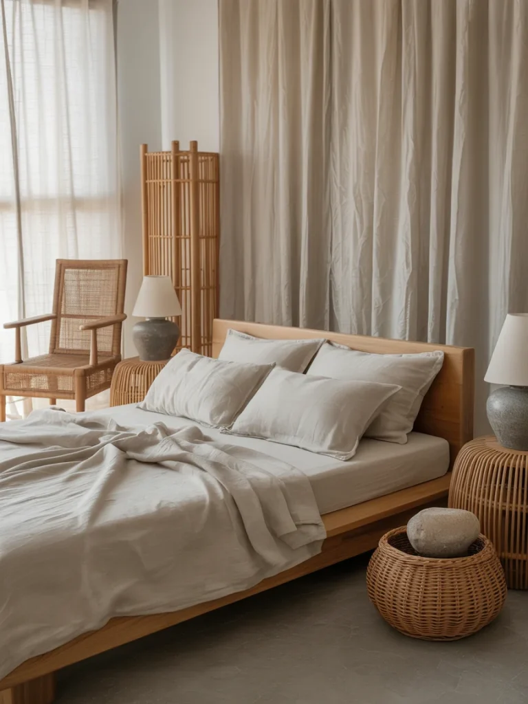 Japandi bedroom with natural wood furniture, rattan accents, and soft neutral bedding.