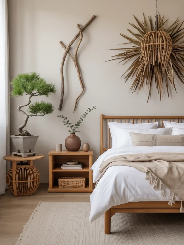 Japandi bedroom with natural wood furniture, bonsai tree, and earthy wall decor.