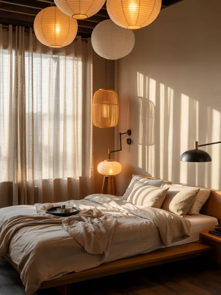 Japandi bedroom with soft ambient lighting, paper lanterns, and warm natural tones.