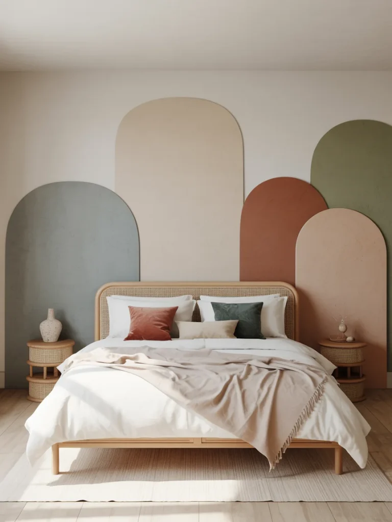 Japandi boho bedroom with arched color palette wall in muted earth tones, rattan bed frame, and minimalist decor.