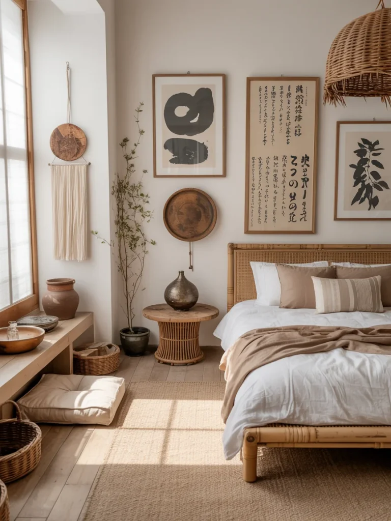 Japanese boho bedroom featuring natural wood furniture, minimalist wall art, woven baskets, and earthy pottery accents for a calm, balanced look.