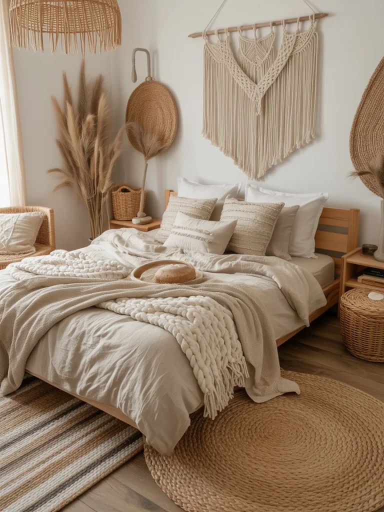 Cozy Japanese boho bedroom with layered natural fabrics, woven textures, and warm neutral tones for a serene and inviting look.