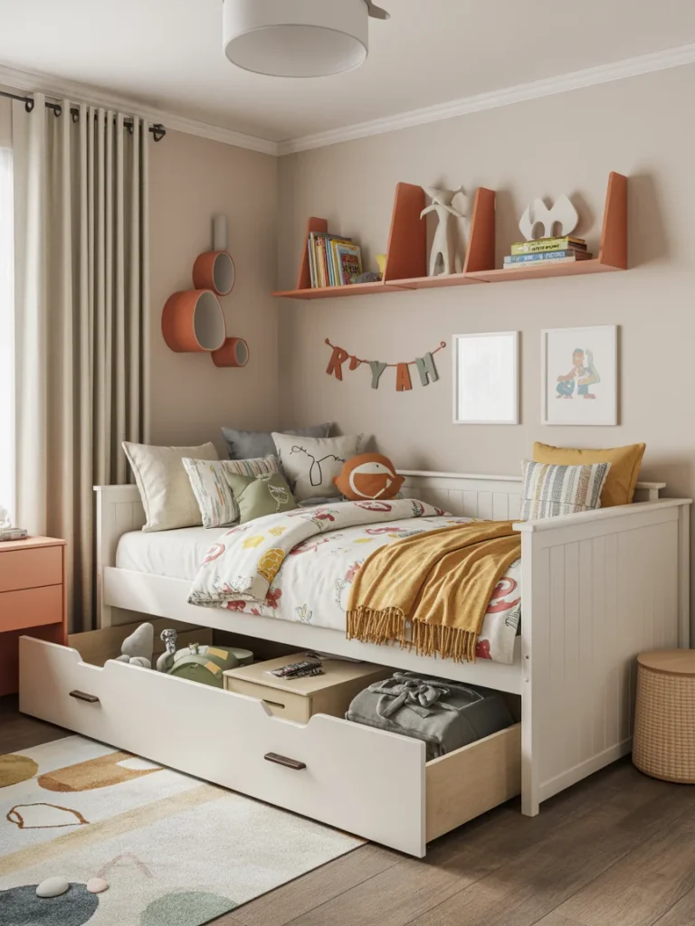 Kids’ bedroom with a white daybed featuring under-bed storage drawers and playful decor.