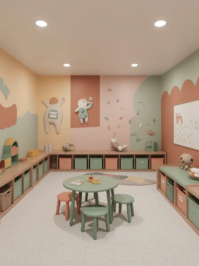 Basement kids’ playroom with colorful storage bins, pastel wall art, and a round play table surrounded by stools.