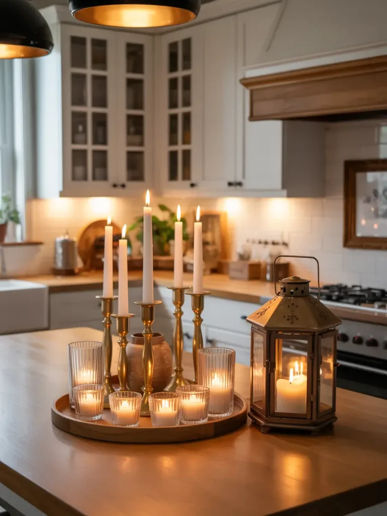 Kitchen island decorated with glowing candles, brass candlesticks, and a lantern for cozy farmhouse charm.
