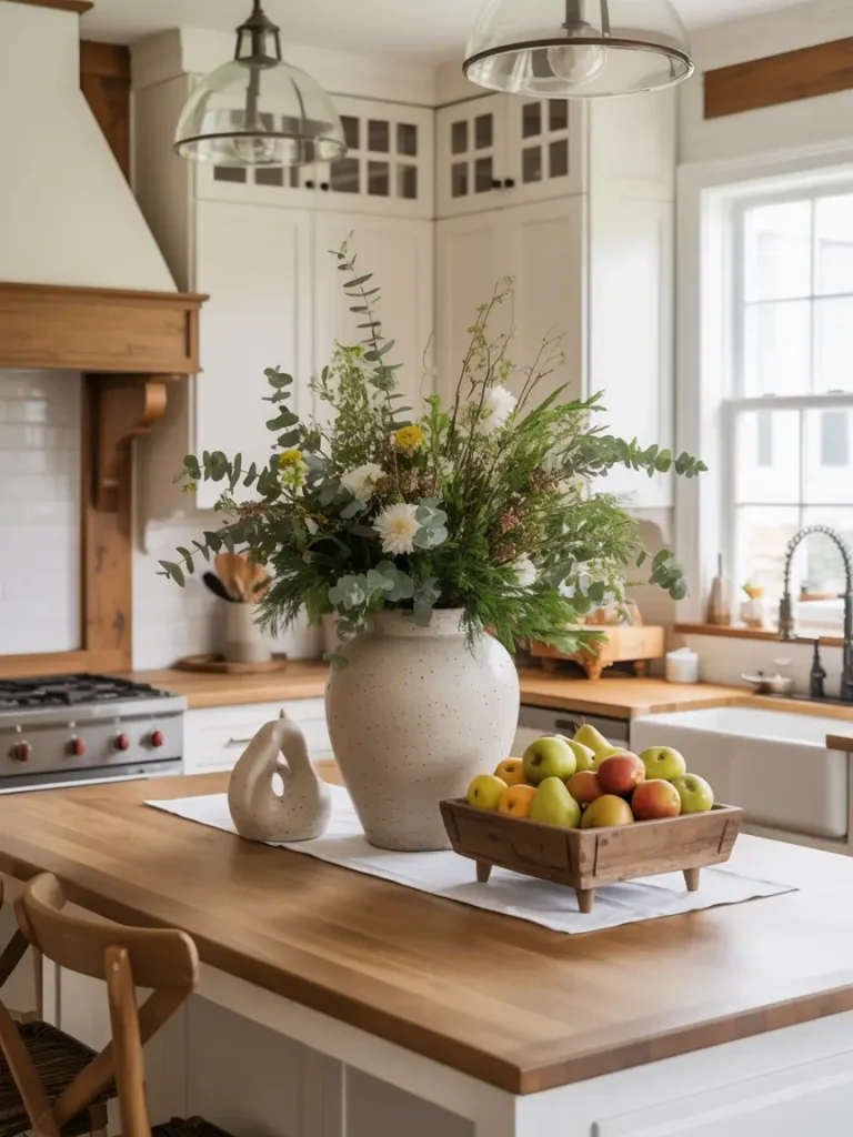 Kitchen island with wooden countertop decorated with a floral centerpiece and fruit bowl.
