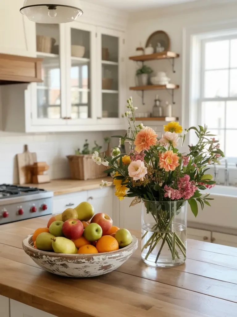 Kitchen island decorated with a rustic fruit bowl and fresh floral arrangement.