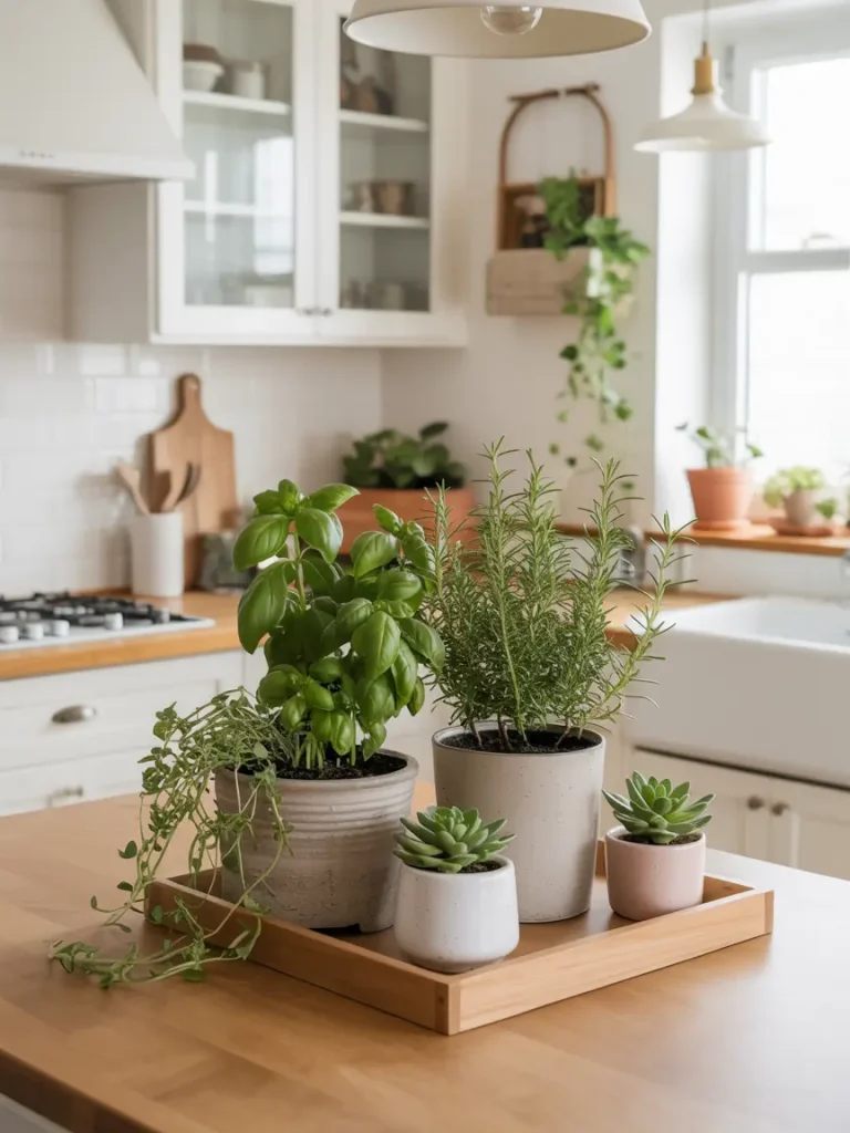 Kitchen island decorated with potted herbs and succulents for a fresh and natural farmhouse touch.