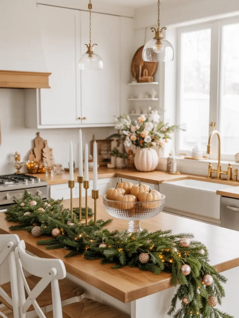Festive kitchen island decorated with garland, candles, and pumpkins for holiday styling.